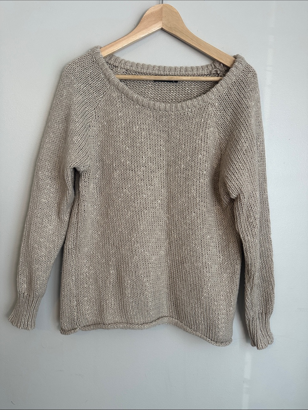 Capsule Neutral Tan Oversized Pullover Sweater On Or Off One Shoulder, Small
